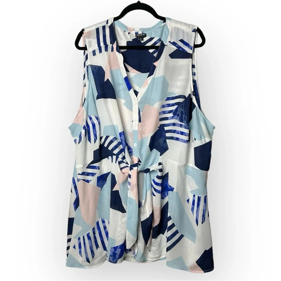 Torrid Blue Geo Peplum Georgette Button-Front Tie-Front Blouse  4 - Picture 2 of 7